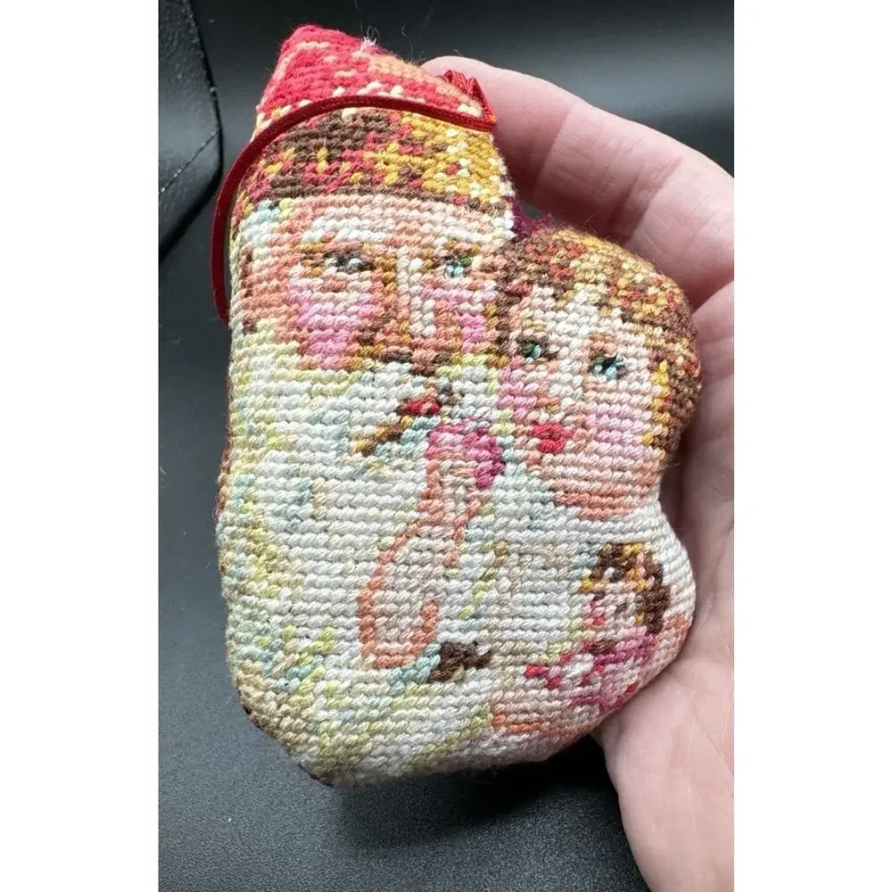 Two Handmade Needlepoint Pettipoint Christmas Santa Vintage Tree Ornaments -S1J